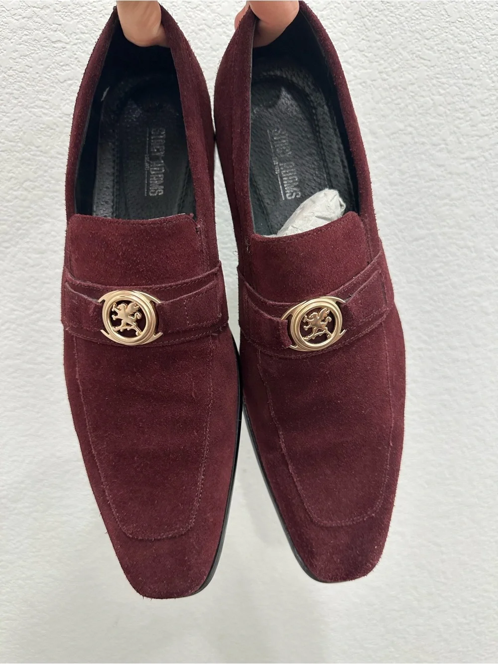 Stacy Adams Men's Burgundy Suede Slip-On Loafers with Gold Medallion
